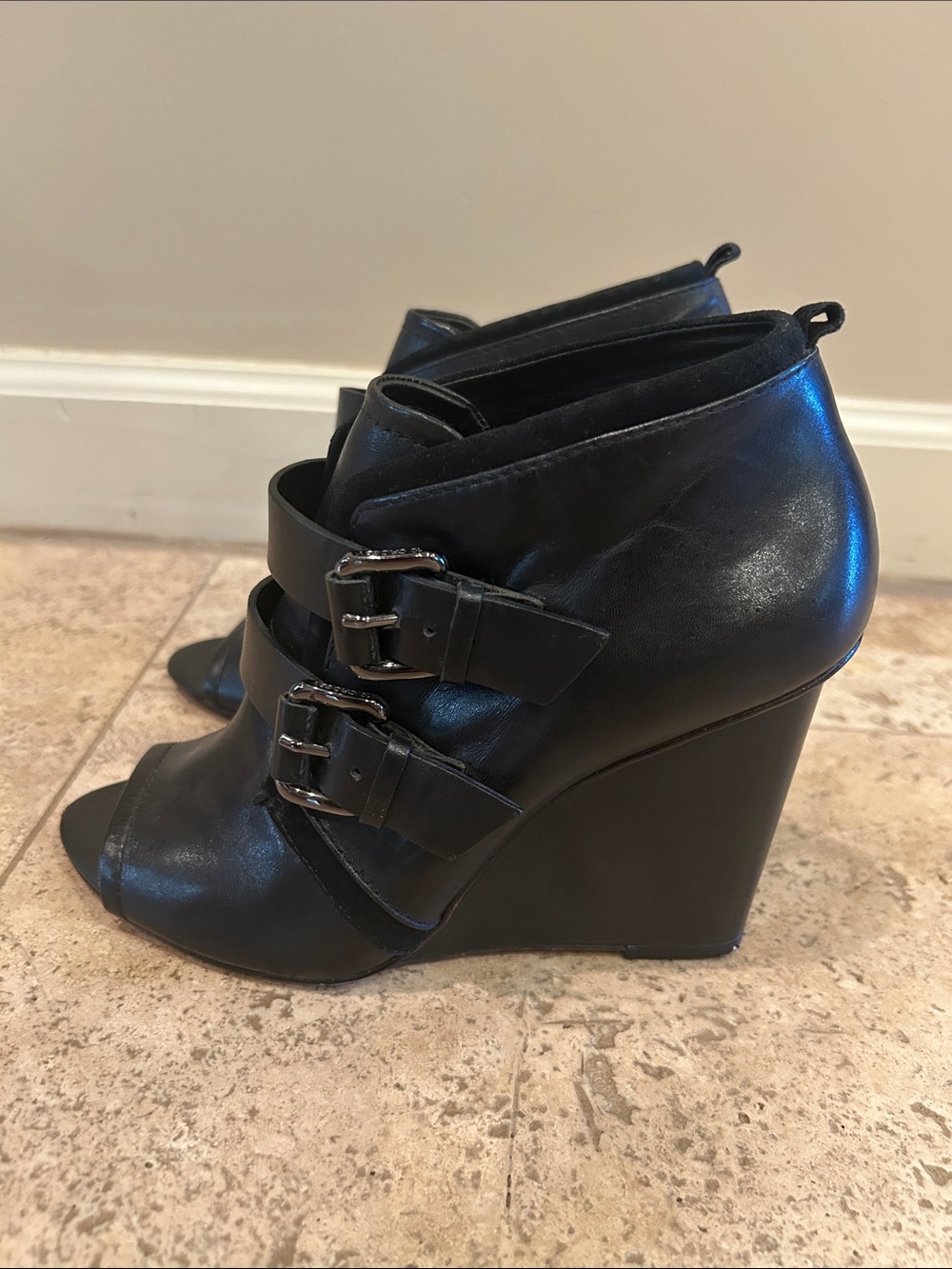 10 Crosby Derek Lam Black Leather Peep-Toe Wedge Booties with Buckles
